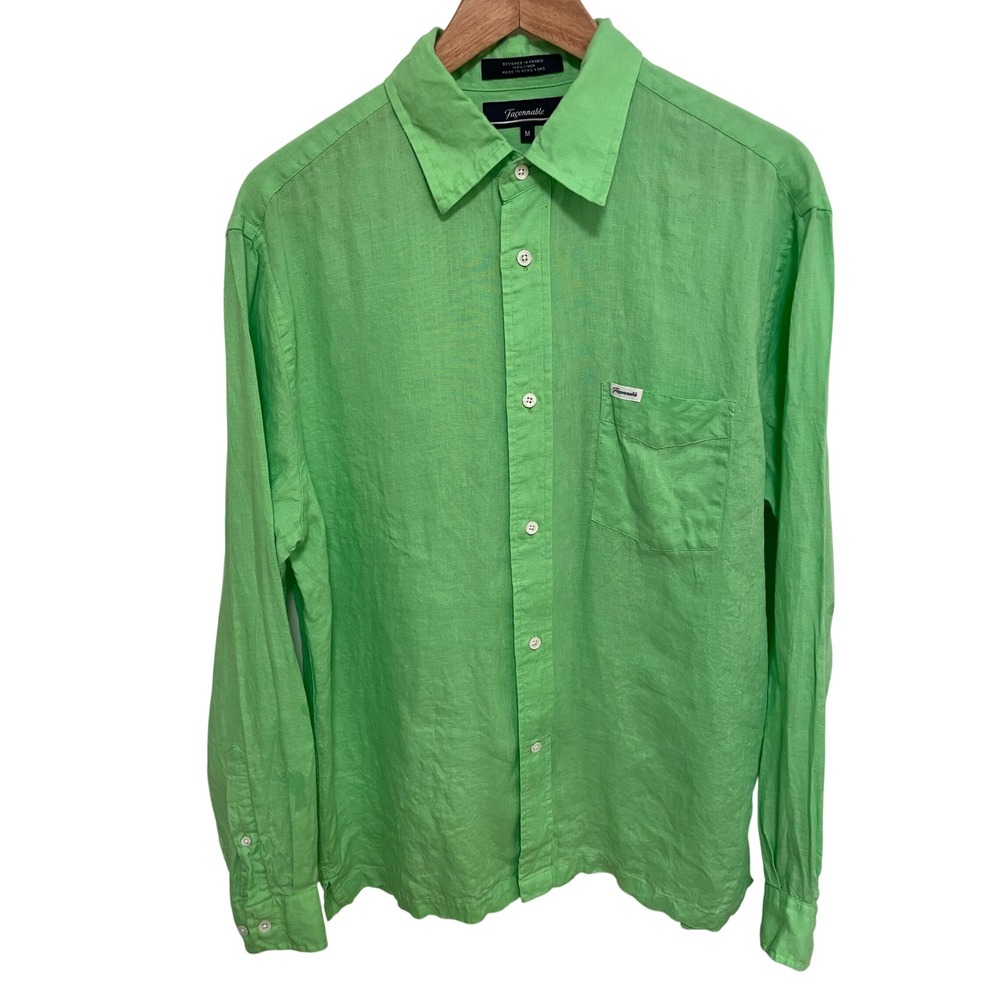 Vintage Faconnable Linen Shirt Long‎ Sleeve Button Down Medium Green